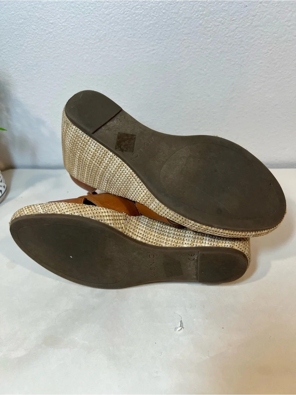 Vionic Tan Leather Espadrille Wedge Sandals with Ankle Strap